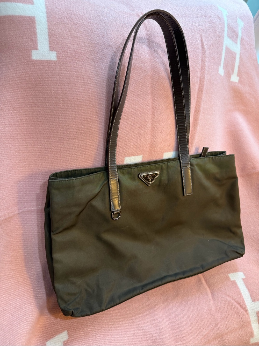 Prada⭐️Olive Green Nylon Shoulder Bag with Brown Leather Straps